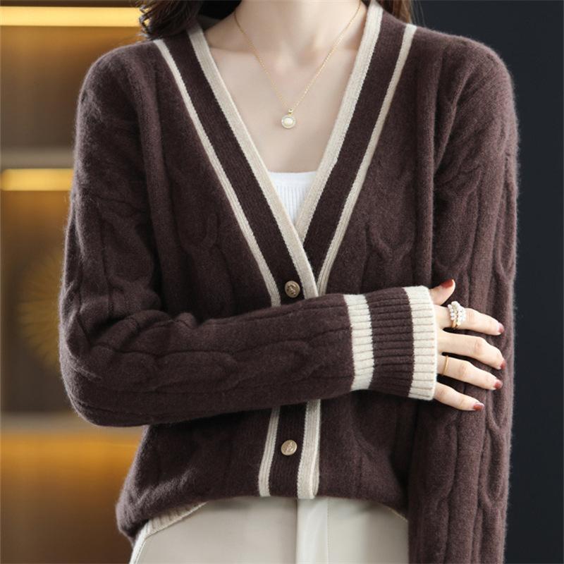 

V-образный вырез женские свитера однобортные вставки модные тонкие осенне-зимние шакеты ретро милые кардиганы One Size