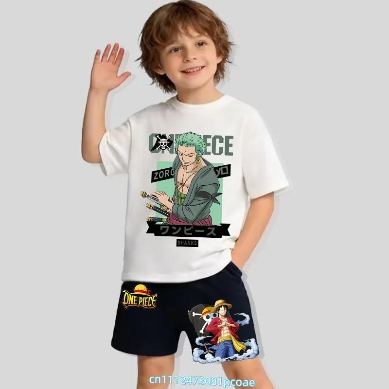 Children's Polyester Short-sleeved Shorts Set with "One Piece" Cartoon Print Boy's Sports Shirt for Summer T-shirt Set of 2 Pieces