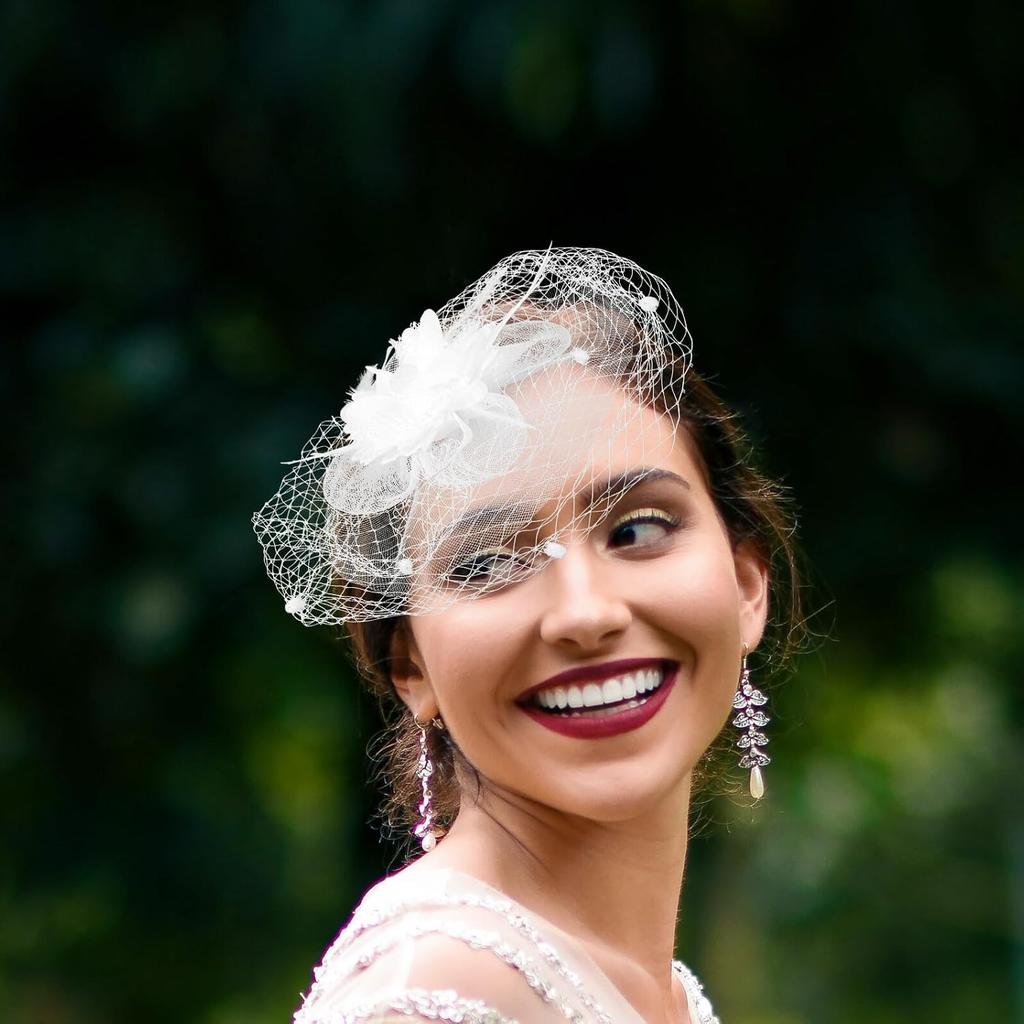 Decorative Hat with Veil and Floral Mesh Clip, White Tea Party Headpiece for Women Wedding Cocktail Special Occasion Accessories
