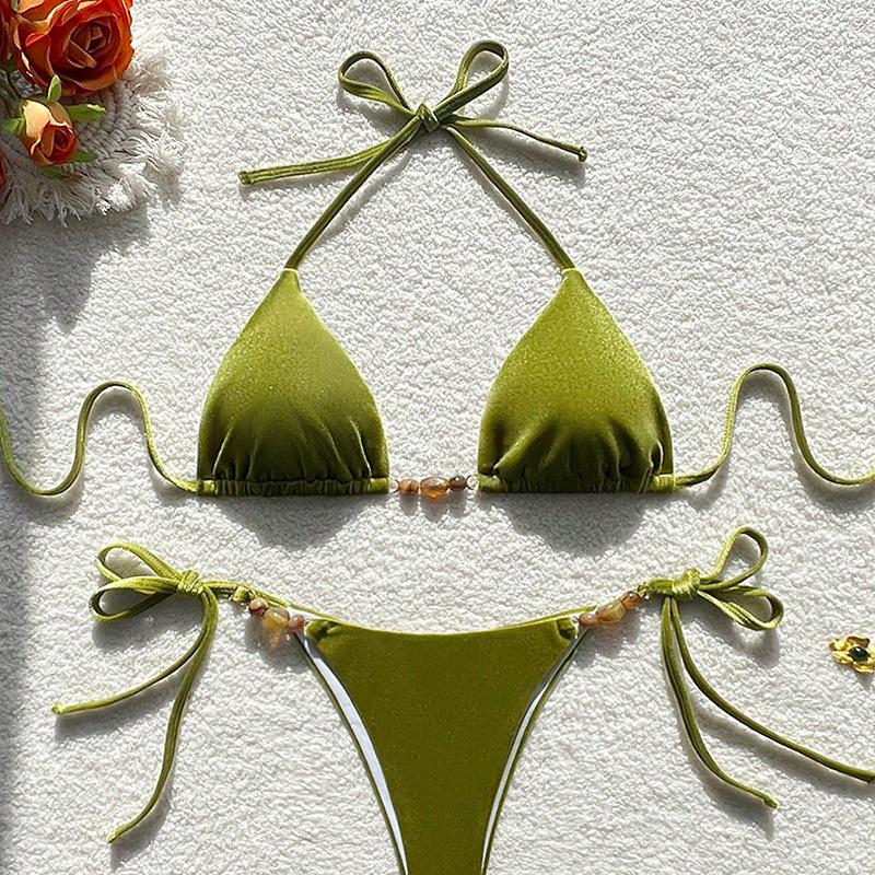 Sexy Green Velvet Beads Bikinis Sets Two Pieces Halter Thong Tie Plain Swimsuits Beachwear Bathing Suit Swimwear Biquini Tankini