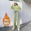 GMXIA Fleece Plaid Pants Women's Autumn and Winter Thickened High-waisted Slimming Straight Leg Casual Floor Wide Leg Pants