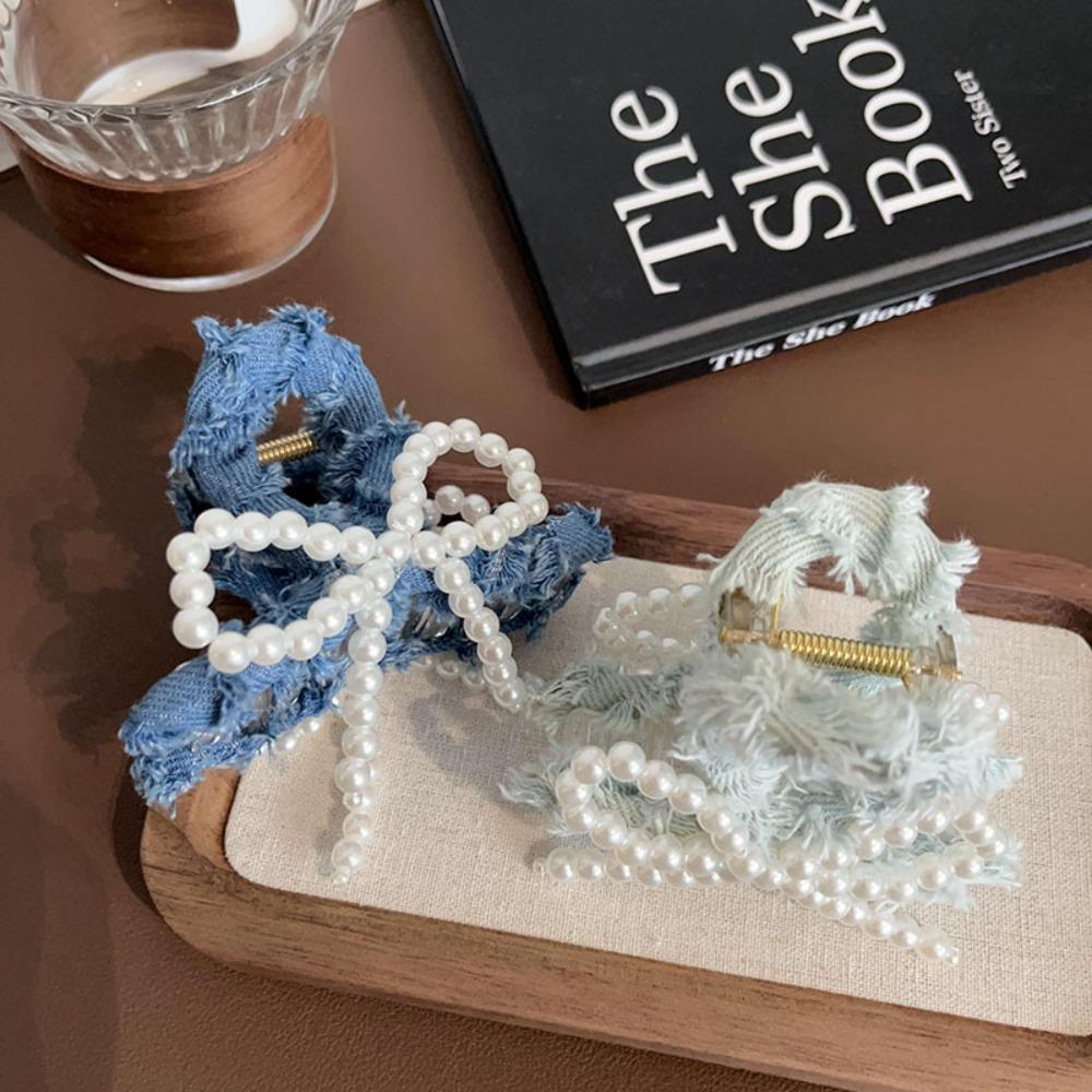 

Заколка для волос с жемчужным бантом и хвостиком, элегантная джинсовая заколка для волос, милая заколка-краб, аксессуары для волос светло-синий