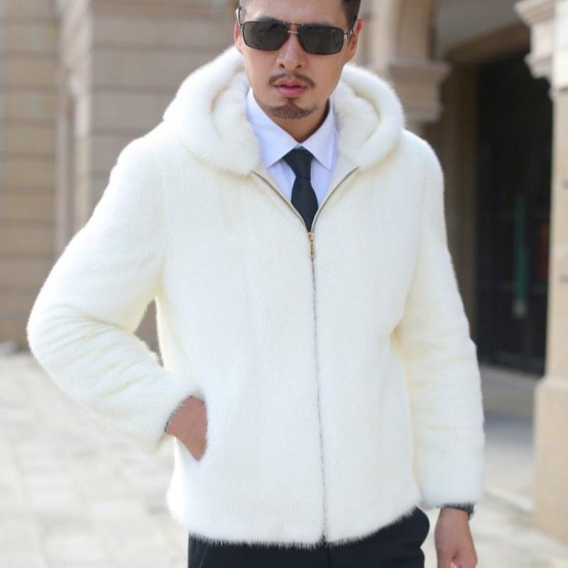 Winter men's imitation mink coat thickened casual imitation mink imitation fur white hooded imitation fur
