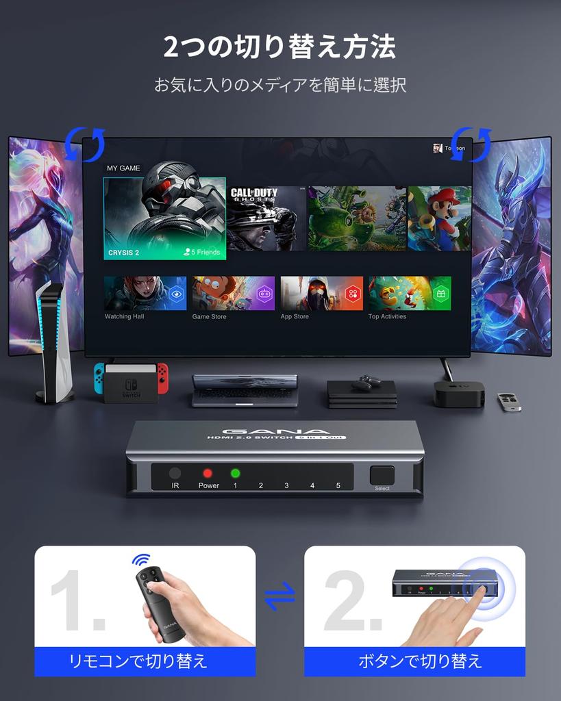 HDMI Switcher, 5 Inputs, 1 Output, 4K@60Hz, GANA HDMI Selector with Remote Control, Aluminum Alloy Construction, 3D HDCP2.2 HDR Compatible, Compatible