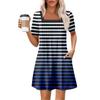 Women's Summer Casual Square Neck Pleated Front With Pocket Printed Short Sleeve Dresses