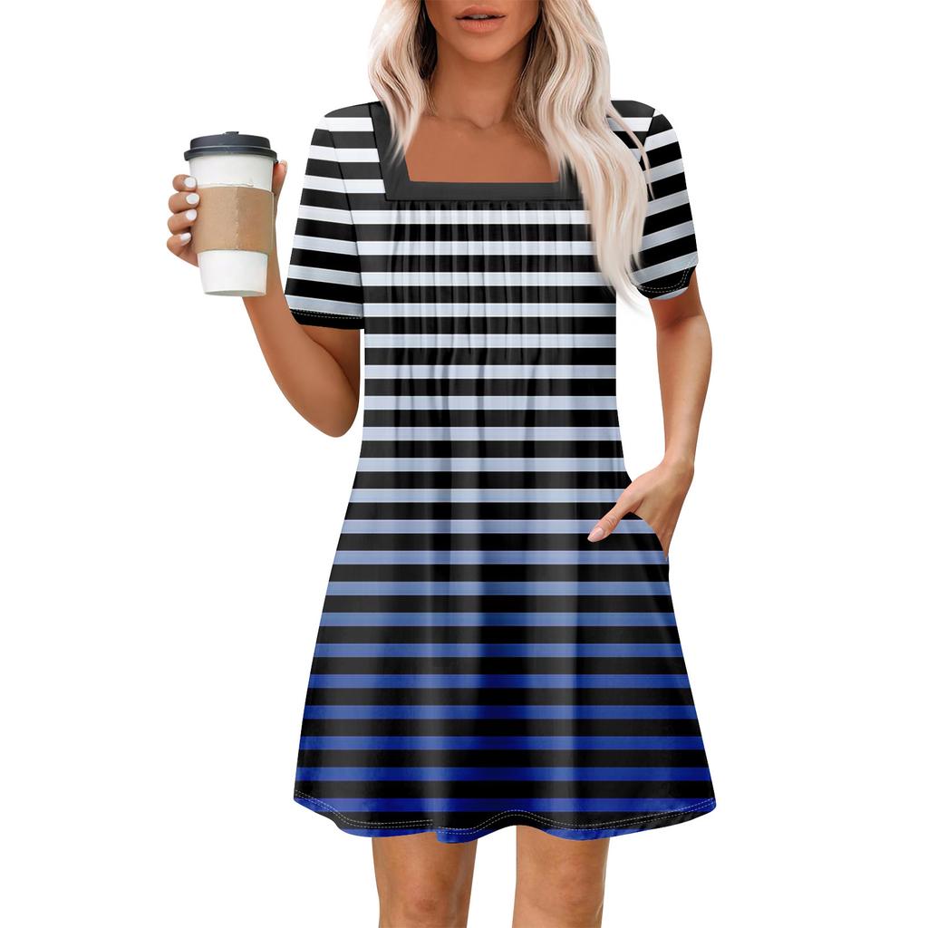 Rochii cu mânecă scurtă, cu mânecă scurtă, cu buzunare, cu gât pătrat, ocazional de vară