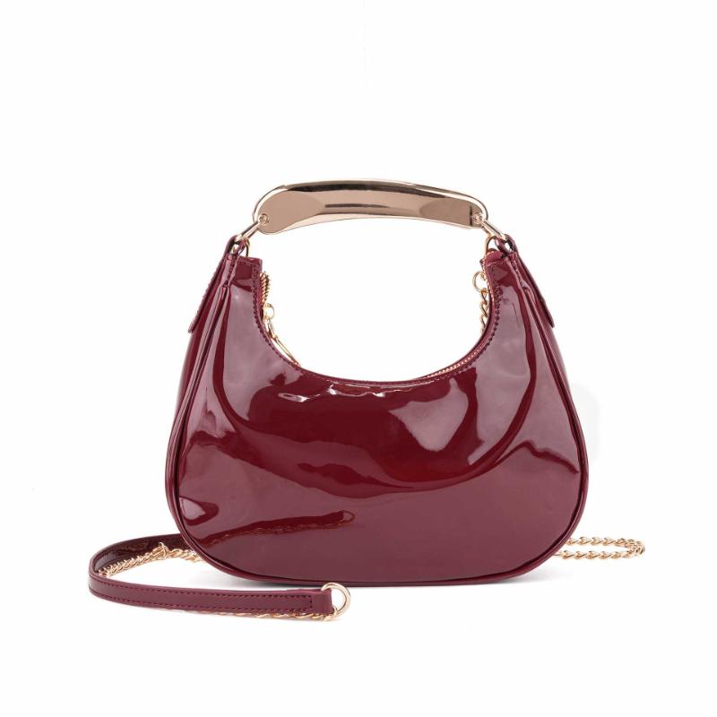 

Retro Red Patent Leather Shoulder Bag Women s Metal-handled Handbag Designer Crescent-shaped Bag New Stylish Chain Crossbody Bag бордовий