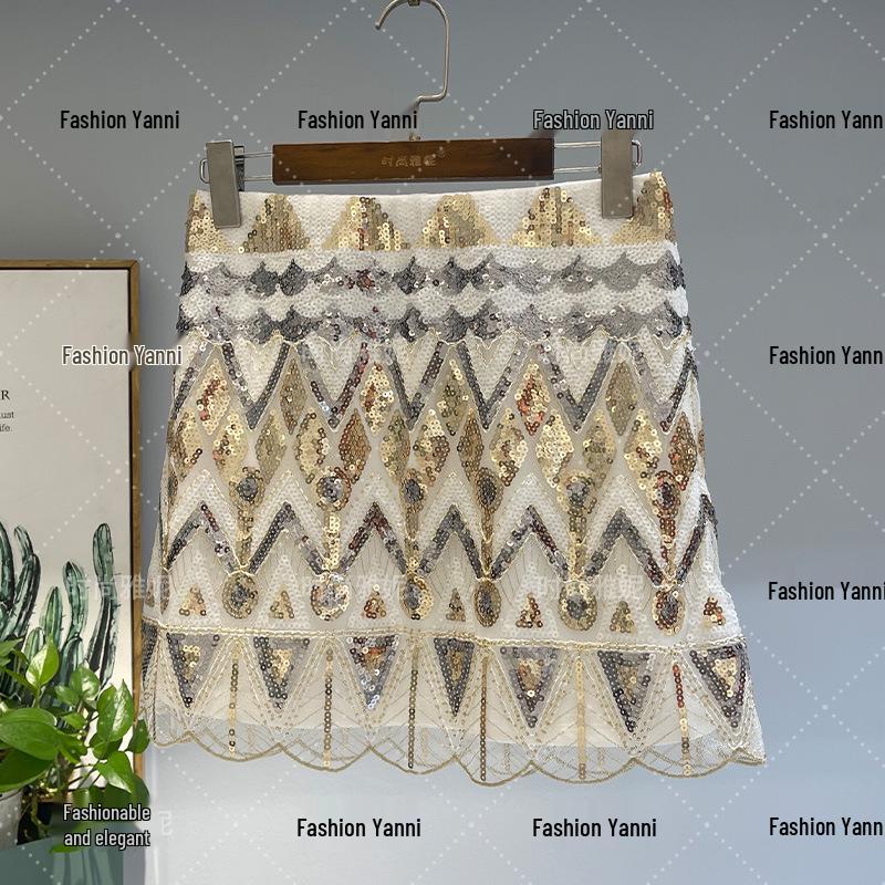 Fashion Yanni Luxury Beaded Sequin Hip-Hugging Skirt & Slimming Vest Top Set