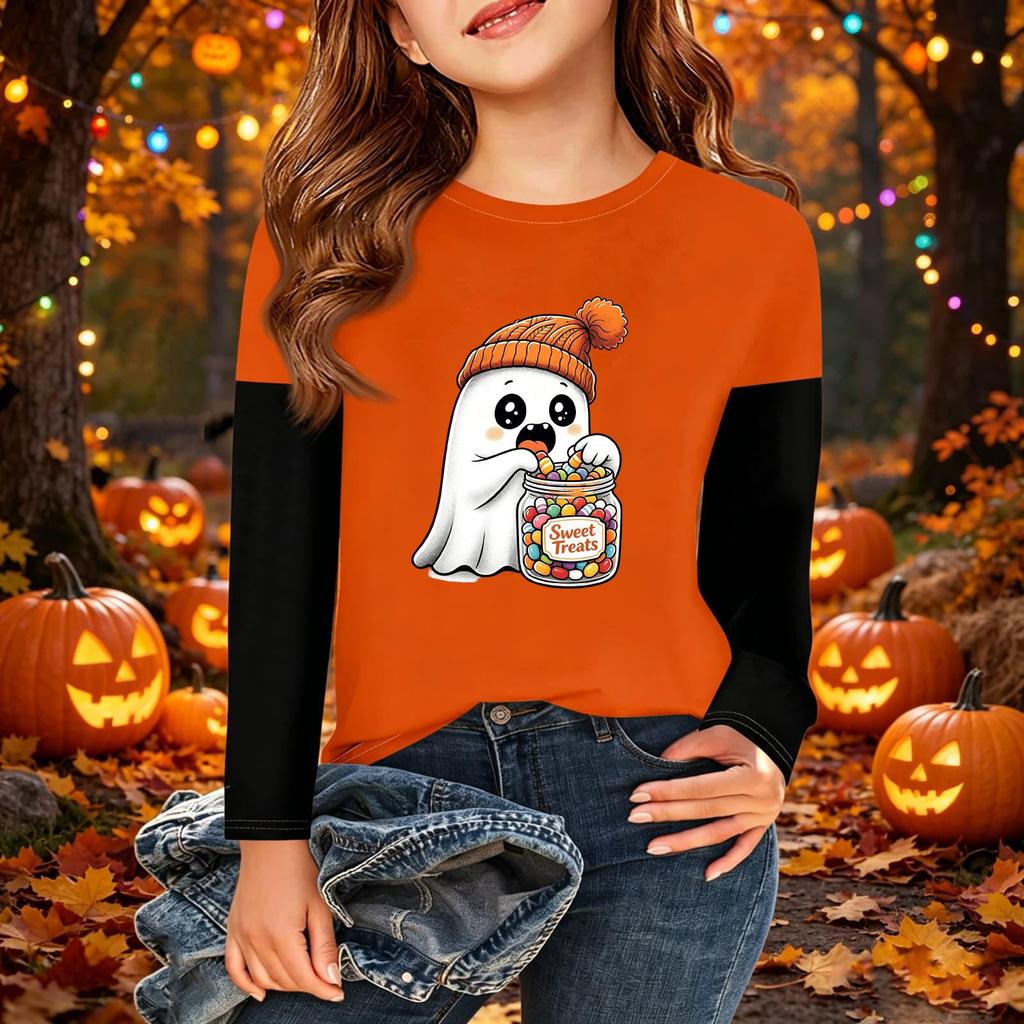 Kids Halloween Print Long Sleeve Neck T-Shirt Casual Top for Boys Girls