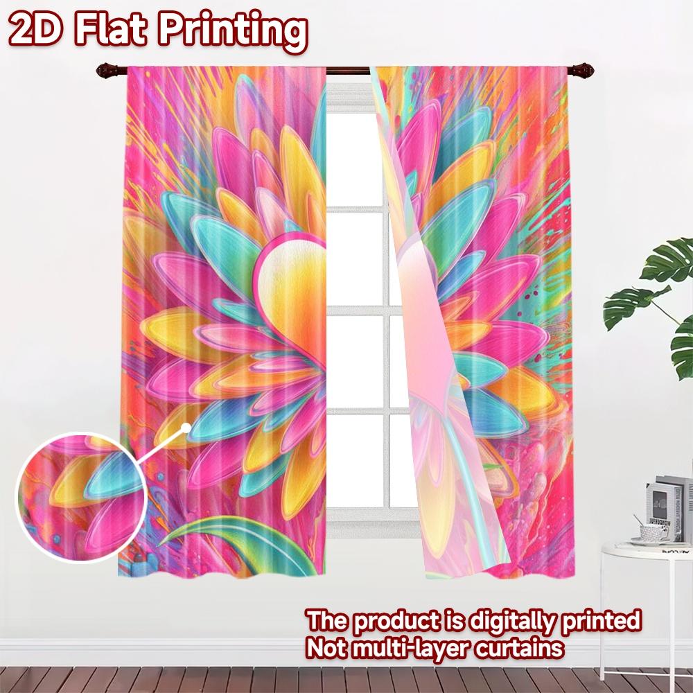 2D Flat Printing 2pcs Curtain Curtain Valentine's Colorful Heart Flower Digital Printed Polyester Drapes Party Decorations Use