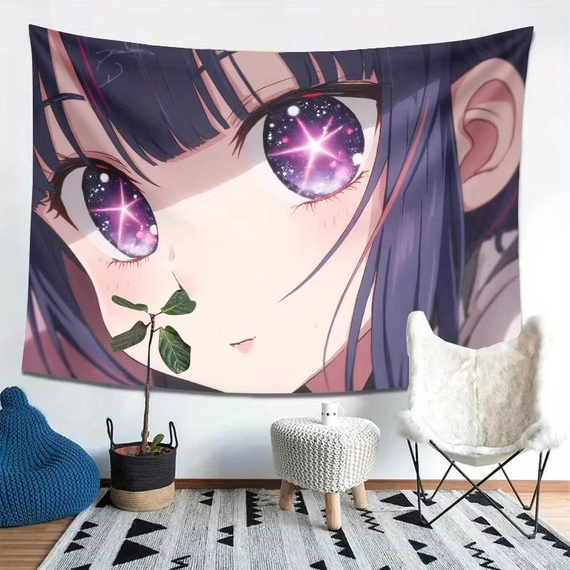 Anime Girl Starry Eyes Tapestry, Purple Hair Galaxy Eye Print, Kawaii Anime Aesthetic Wall Hanging for Bedroom & Cute Room Decor