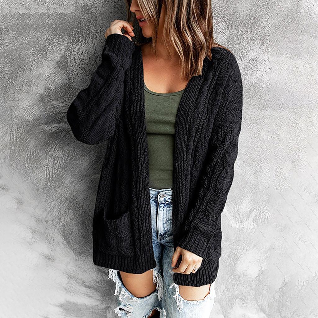 Women's Solid Color Pocket Mid Length Knit Cardigan Jacket Sweater