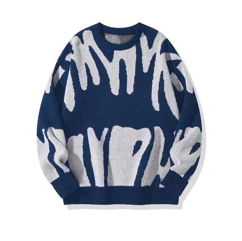 Men's Autumn/Winter Trendy Personalized Round Neck Jacquard Sweater Black and White Jacquard Large Size Knitted Sweater Sweater