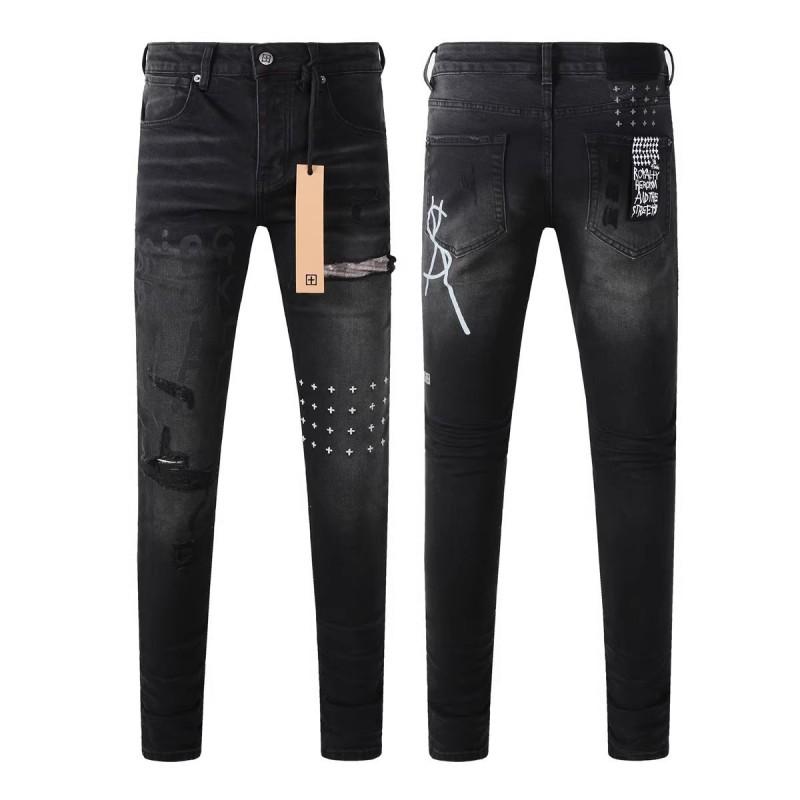 Mens Slim Fit Jeans Punk Style Distressed Printed Denim Pants Teens Casual Wear
