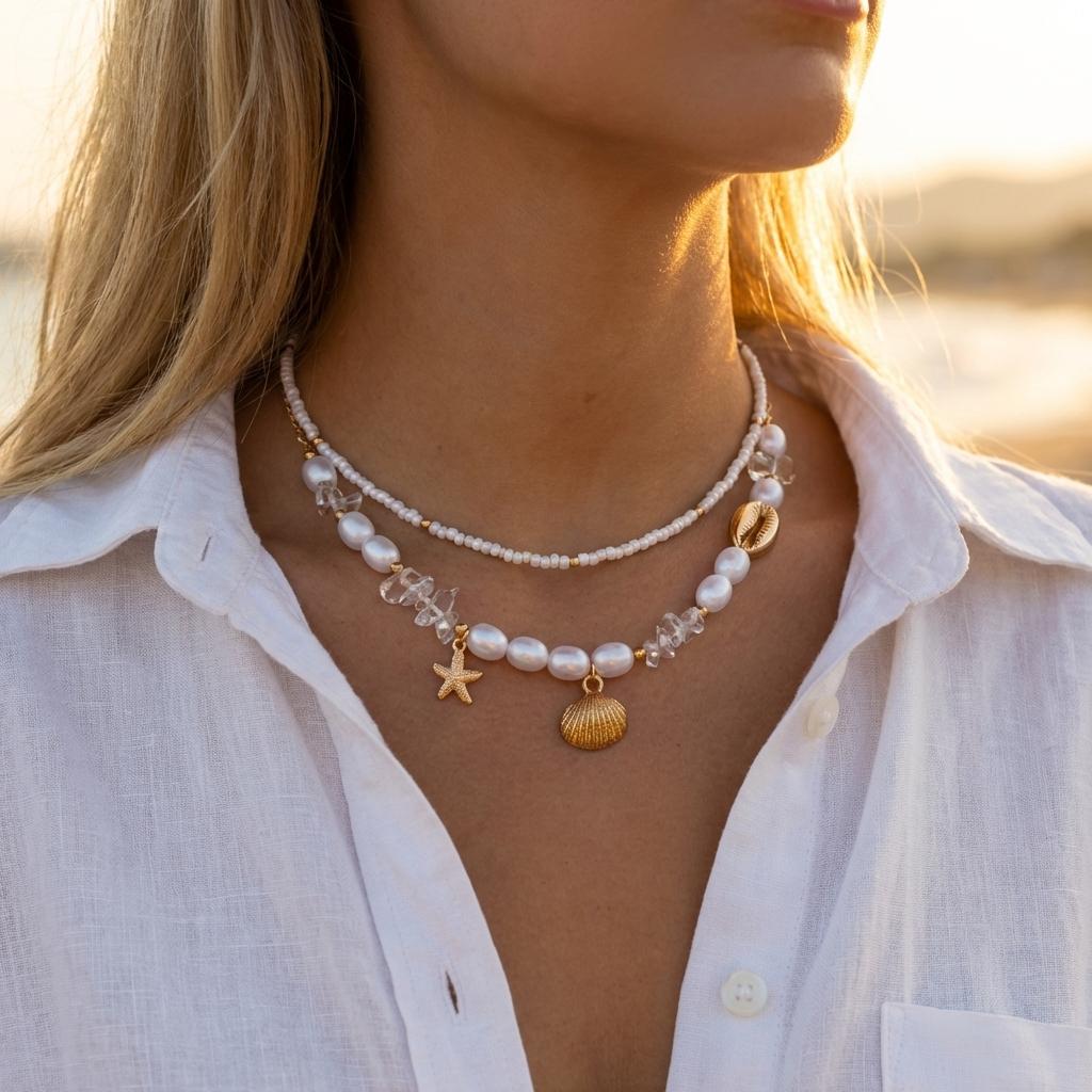 Boho Multilayer Starfish Shell Rice Beads Necklace for Women Irregular Stones Sun Pendant Neck Chain Girl Party Vacation Jewelry