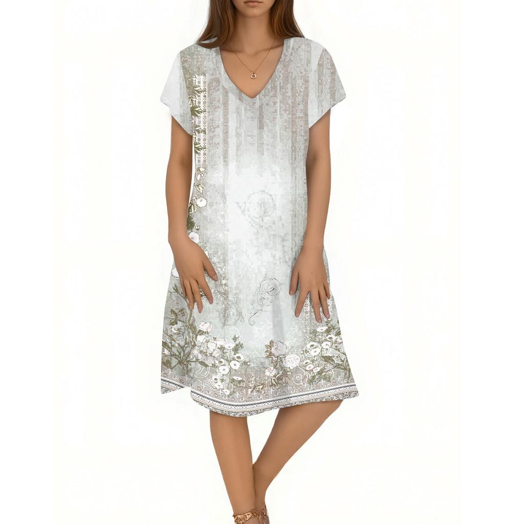 Women's Casual Fashion V-Neck Short Sleeve Floral Print Midi Flowing Dress