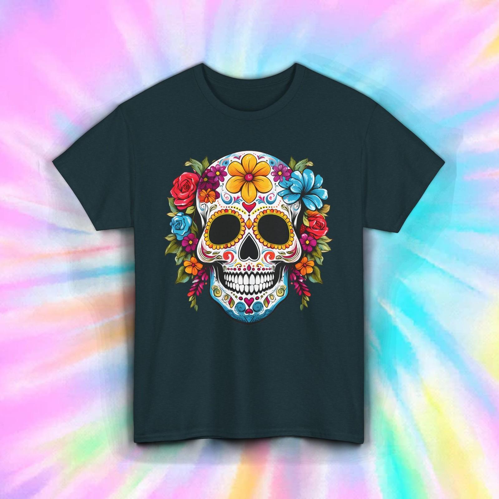 Sugar Skull Shirt Day of the Dead Floral Colorful Calavera Art Tee S-5XL S