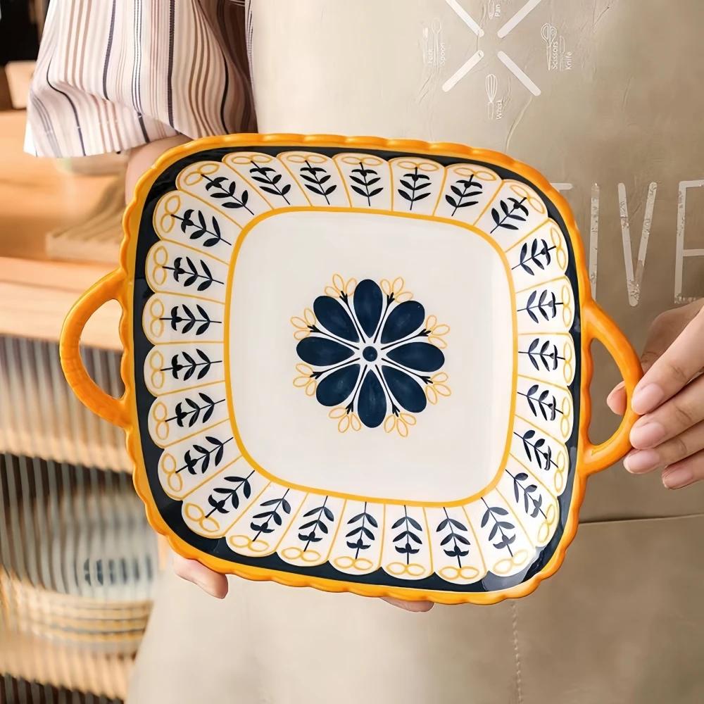 2 Pcs Ceramic Japanese Style Square Plates with Double Ears and Pasta Salad Platessuitable for Microwave Ovens and Ovens