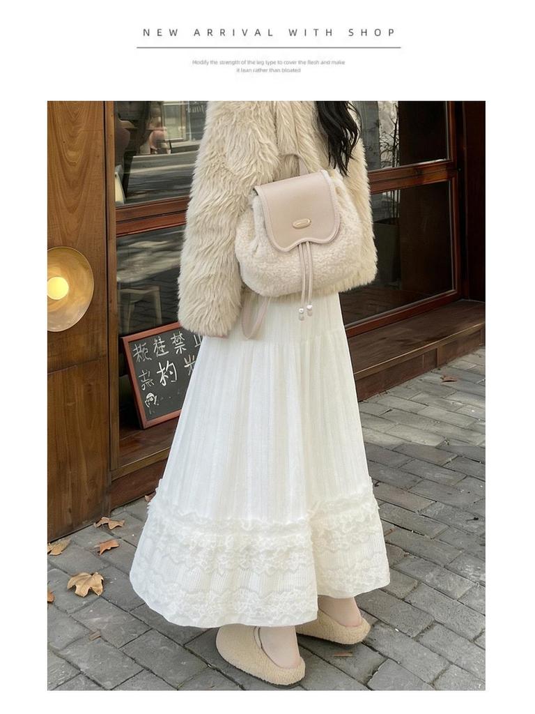 Women's White Lace High-Waist A-Line Long Skirt - Fluffy, Plush, Perfect for Spring & Autumn