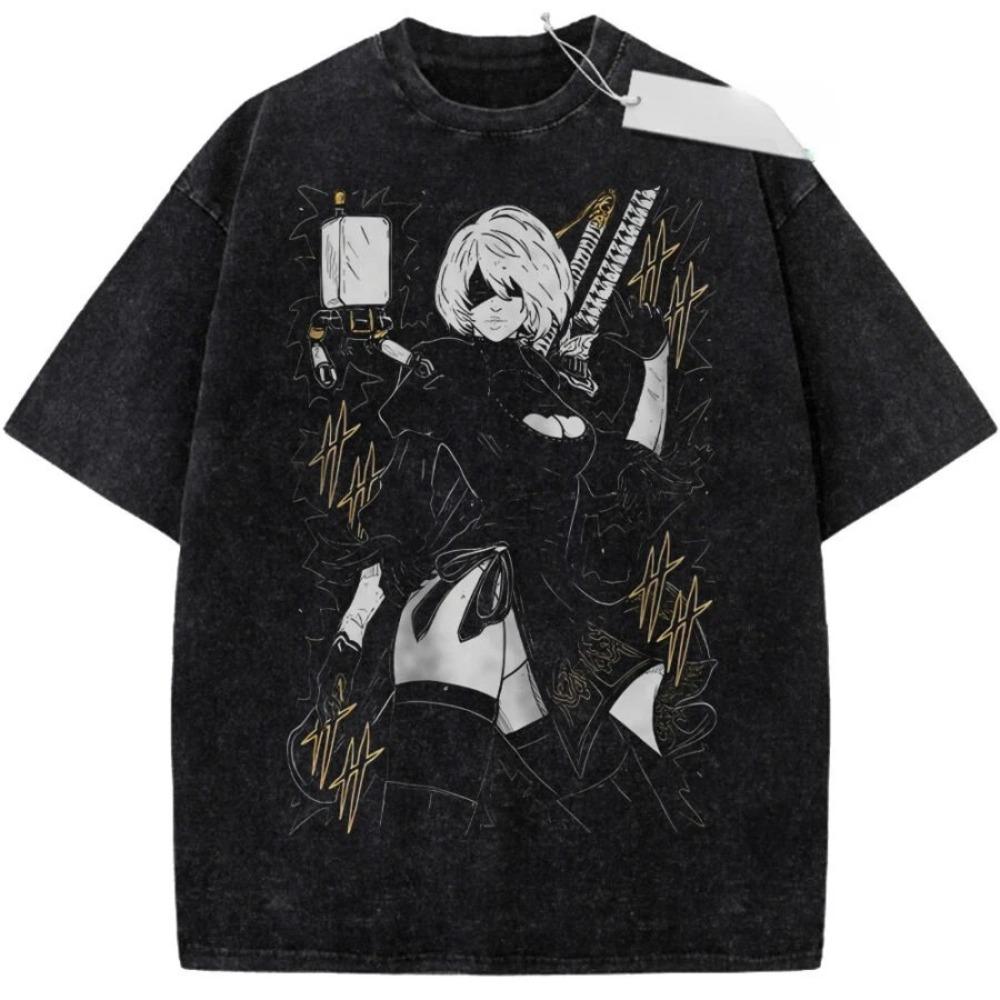 

NieR Automata 2B YoRHa No.2 Type B Винтажний праний Аніме Футболка Ігровий Персонаж Графіка Чорна Оверсайз Унісекс Вуличний одяг Футболка L
