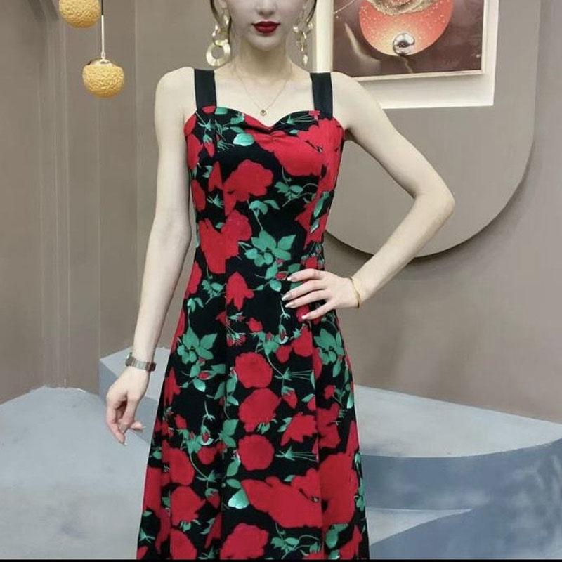

Женская одежда Сломанные цветы Платья Винтажное А-силуэтное талия Летнее Контрастные цвета Без рукавов Стильные складки Платье-комбинация Миди L красный
