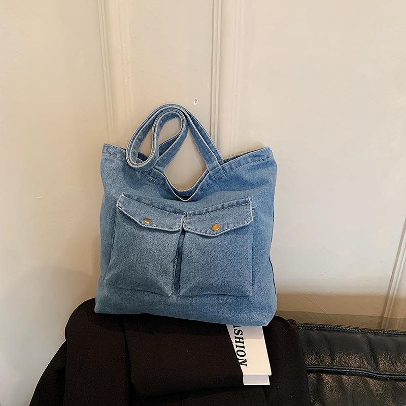 Double Pocket Design Denim Shoulder Bags for Women Large Capacity Ladies Students Tote Outing Travel Portable Female Handbags