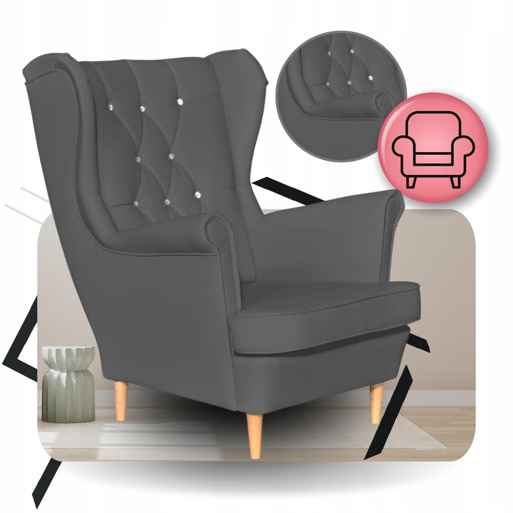 Fotel Uszak eko skóra Gaja z podnóżkiem Skandynawski Family meble szary siwy