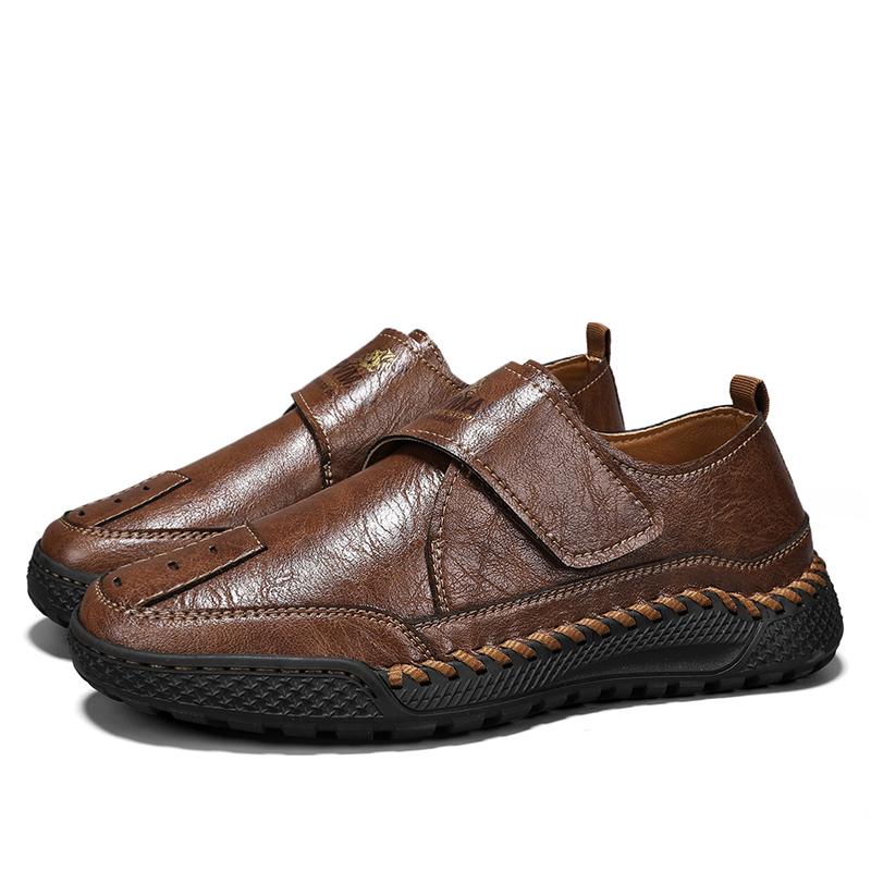 

Fashion Fashionable genuine leather men s casual shoe round-toed Velcro walking shoe soft-soled anti-slip and wear-resistant office shoe 46 темно-коричневого