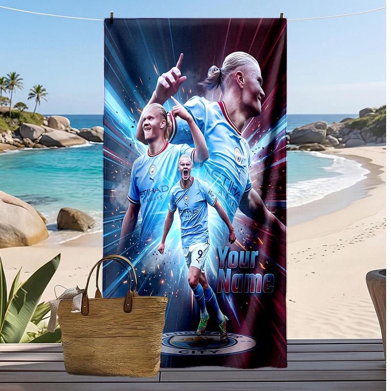 Asciugamano da Spiaggia Personalizzato Stampato Erling Haaland Logo Calcio Supporto Nome Personalizzato Testo Asciugamano Assorbente Per Sport Viaggio Regalo Speciale