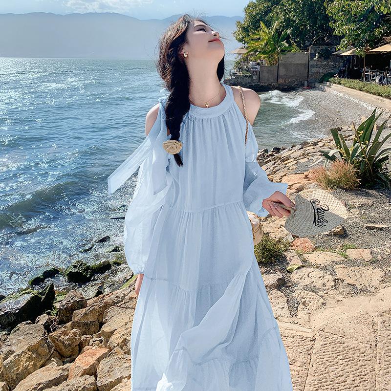 

Пляжное платье для отпуска женское летнее новое милое нежное ветреное темпераментное красивое с открытыми плечами XL