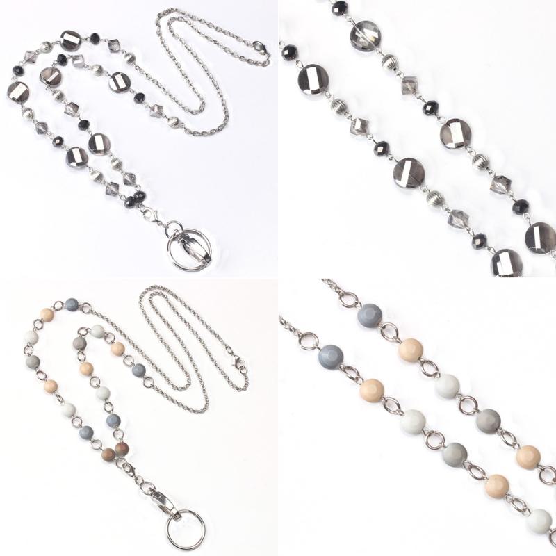 Women Retractable Badge Reel Lanyard with ID Card Holder Necklace Name Badge Holder Lanyard Stainless Steel Beaded Chain