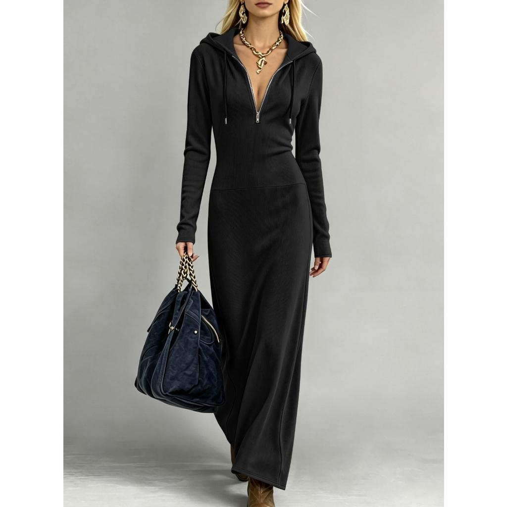 Großformat Damen Kapuzenkleid mit halbem Reißverschluss Gerippt Dehnbar Schmale Taille Langarm Langes Sweatshirtkleid