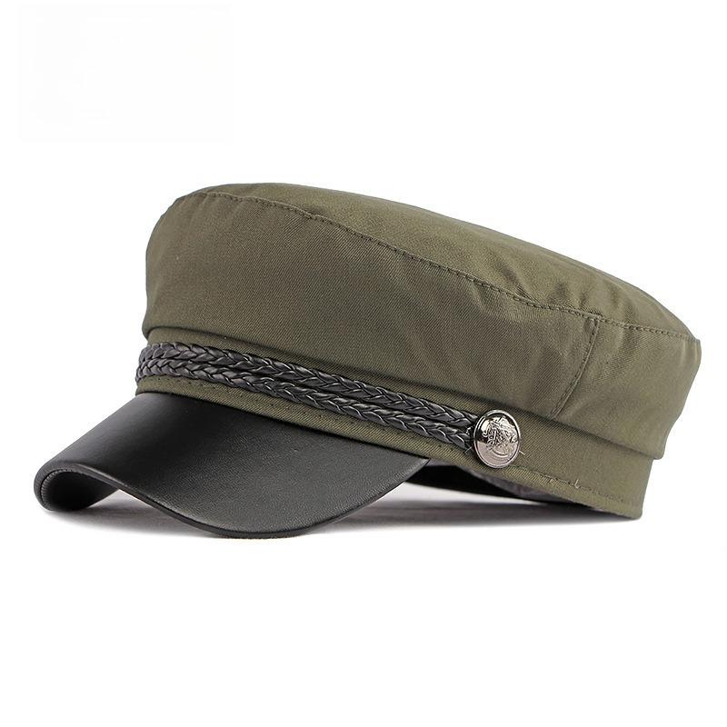Women's PU Leather Visor Military Cap Sailor Hat Flat Top Marine Cap Preppy Style Retro Baker Boy Cap Braided Rope Casual