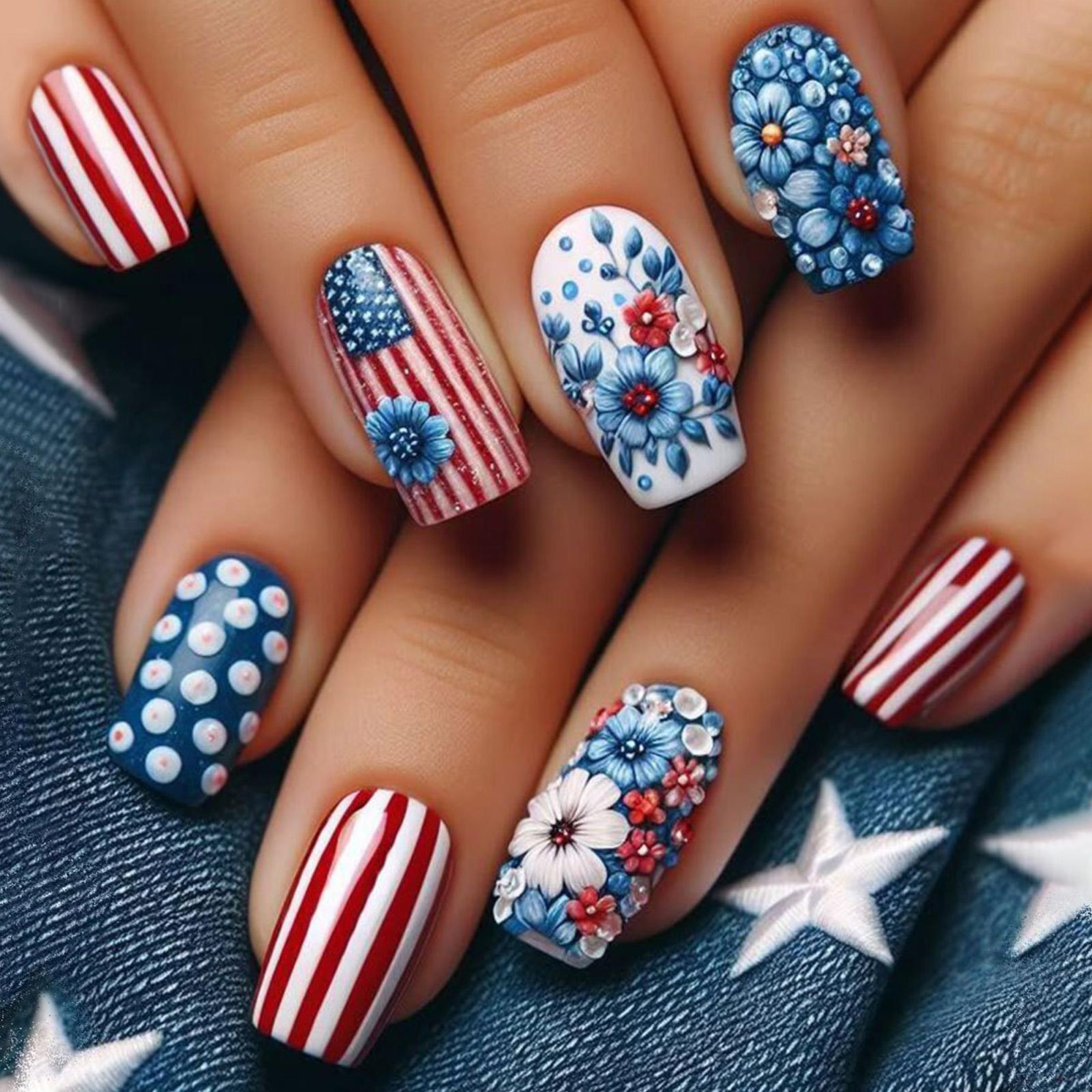 

24pcs July 4th Press On Nail Medium Square Design False Nail With Flower Designs Full Coverage Stick on Nail Manicure