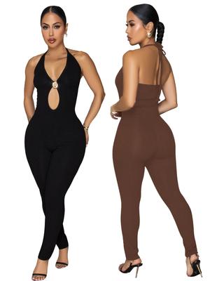 European & American Women's Solid Color Ribbed Halter Jumpsuit - Sexy, Slimming, Fashionable Spring/Summer Wear