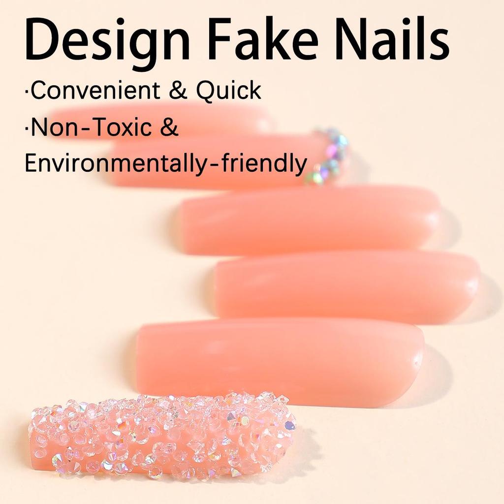 European & American Extra Long Wearable Rhinestone Nail Patches - Rectangular False Nails with Crushed Diamonds.