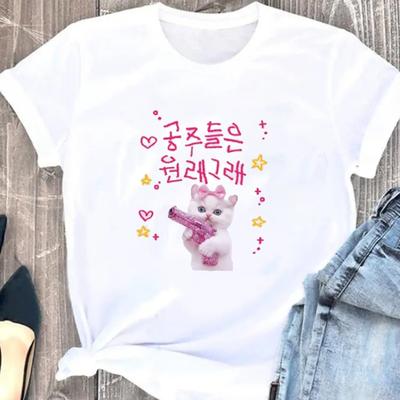 Fashion Korean Style Versatile Retro Cute Cat with Pink Gun TShirt Text Graphic Casual Short Sleeve Tee White Oversized