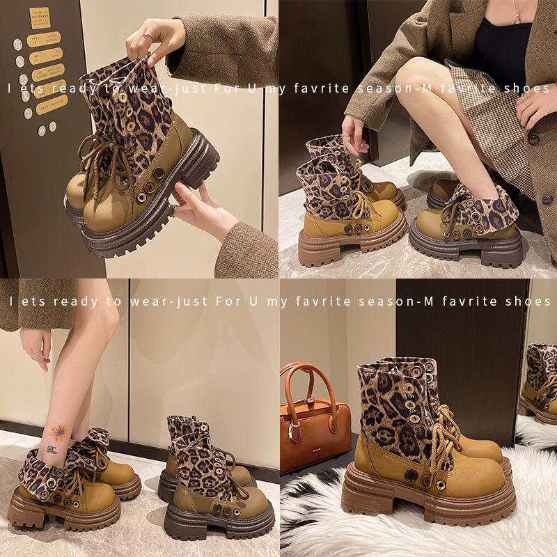 Real Soft Leather Thick-soled Martin Boots Women's 2025 Autumn and Winter New Leopard Print Locomotive Boots Velvet Short Boots Retro Slim Women's B