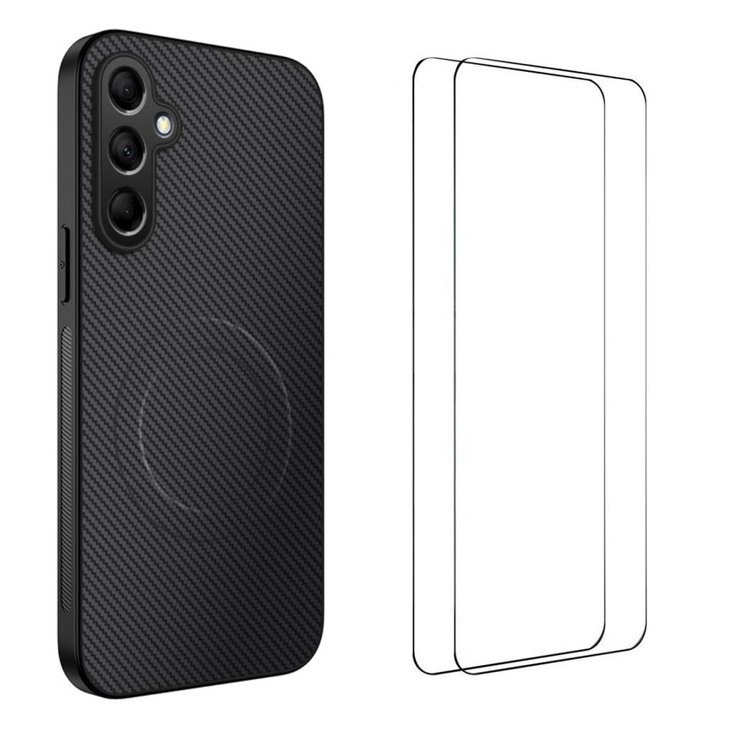 For Samsung Galaxy S25 Magnetic Case WANLONFENG TQ1 Series Carbon Fiber Texture PC TPU Phone Cover with 2Pcs Screen Films
