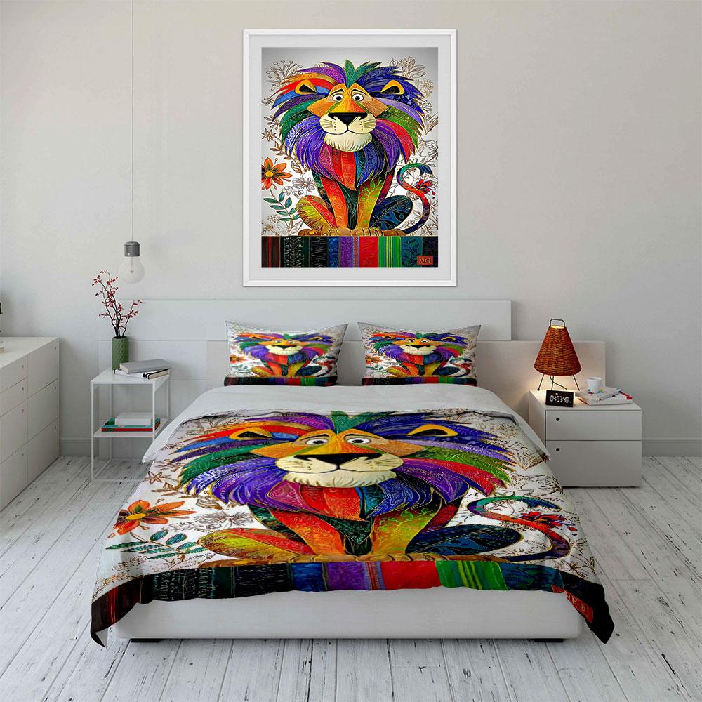 Colorful lion with flowers. Bedding sets Duvet cover sets Duvet covers Pillowcases(1* Duvet Cover 2* Pillowcases without duvet insert)