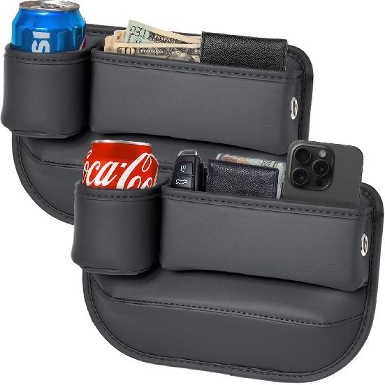 2-Pack Car Seat Gap Filler Organizer With Cup Holder - Premium Leather - Universal Fit - Keeps Cans/Phone/Keys/Wallets Organized(Black)