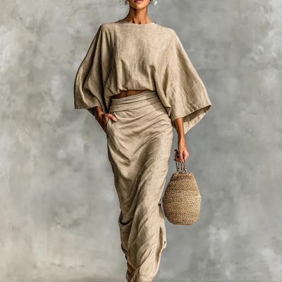 Women's Light Beige Short Sleeve Crop Top and High Waist Long Skirt Set