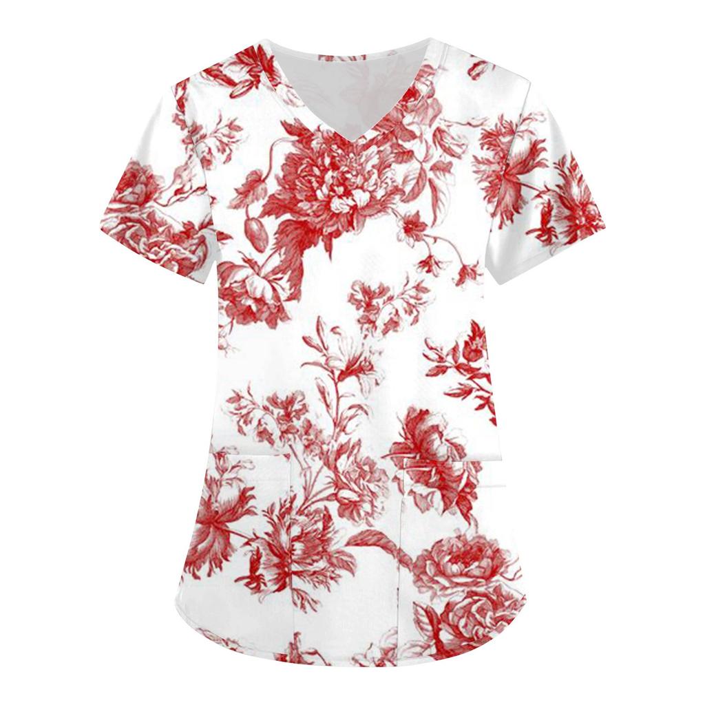 Damen Modisches T-Shirt mit Oster-Aufdruck, kurzärmelig, V-Ausschnitt, kleine Tasche, Arbeits-T-Shirt
