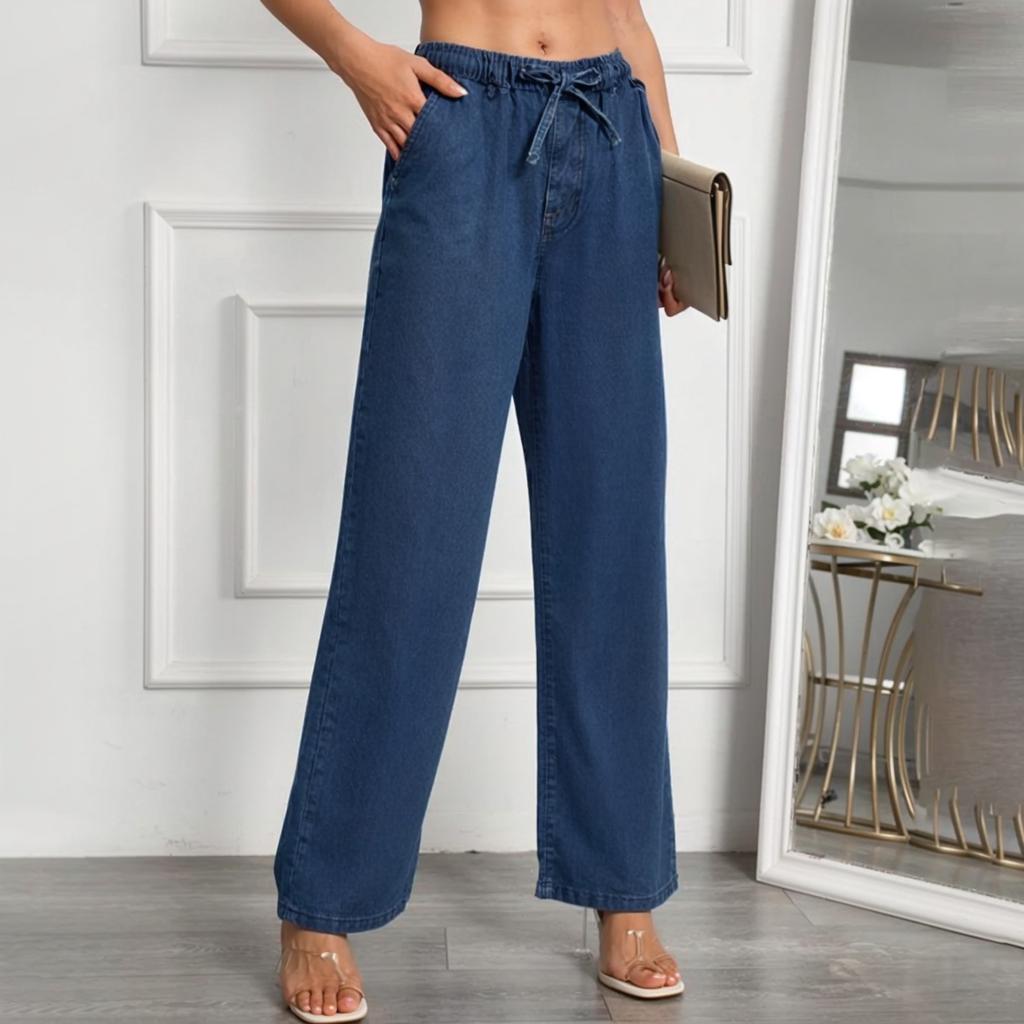 Women's Mid- Stretch Jeans Fashion Straight Leg Denim Pants With Pockets
