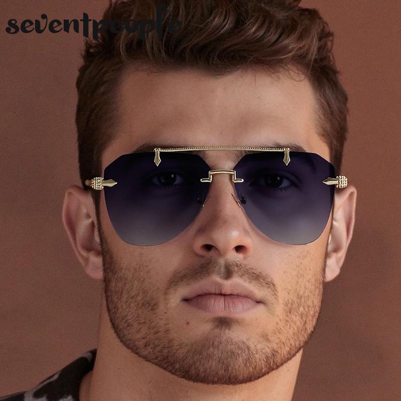 Steampunk Oversized Rimless Pilot Sunglasses Men Luxury Brand Trendy Oval Metal Punk Sun Glasses Retro Outdoor Shades UV400