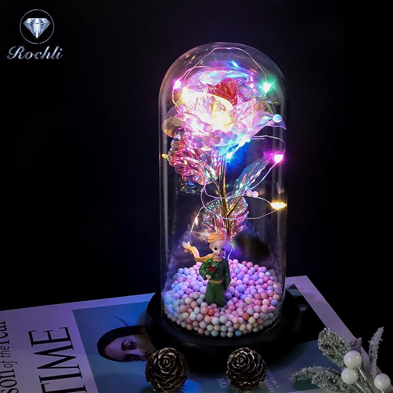 Rose Flower Preserved in Glass Dome with Night Light - Mother's Day or Birthday Gift Ornament