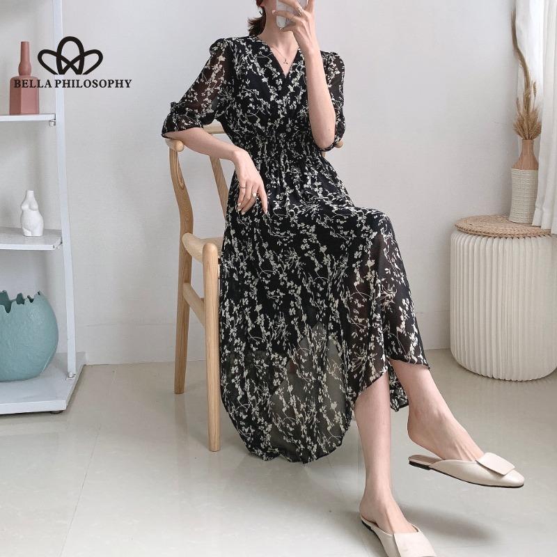 Jaro Léto Nový styl Výstřih do V Šifon se středním rukávem Elegantní dlouhé šaty Žena Neformální plážové šaty