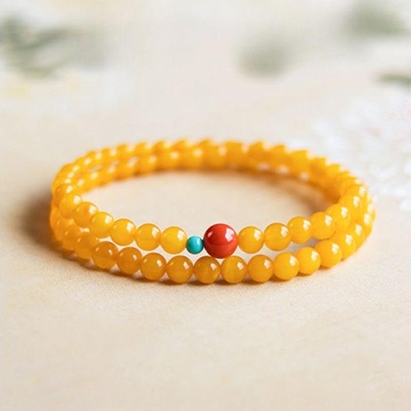 Triple-Loop Imitation Beeswax & Multi-Gem Bracelet for Women, Featuring Nan Hong and Turquoise, Chicken-Fat Yellow, Millet Beads.