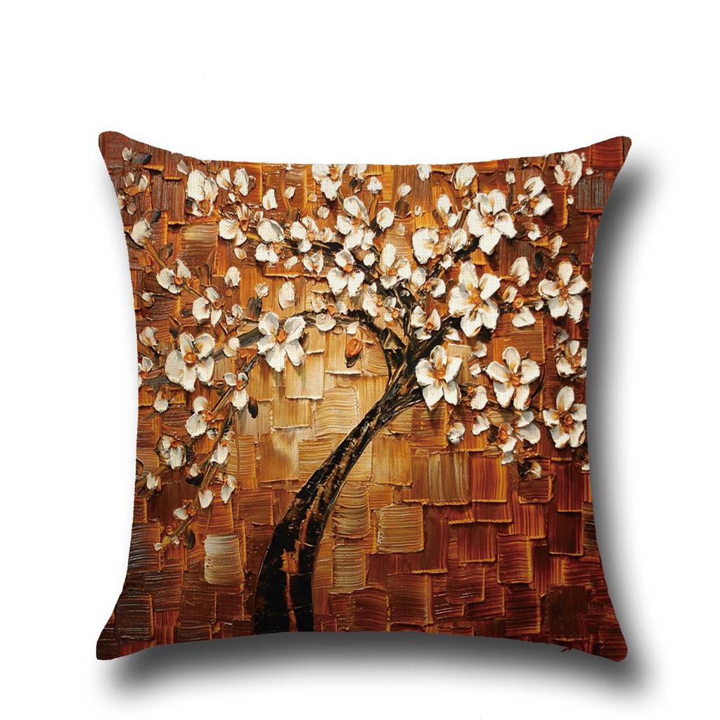 Three-dimensional Oil Painting Trees Flowers Cotton Linen Cushion Pillow Case Car Waist Cushion Cover