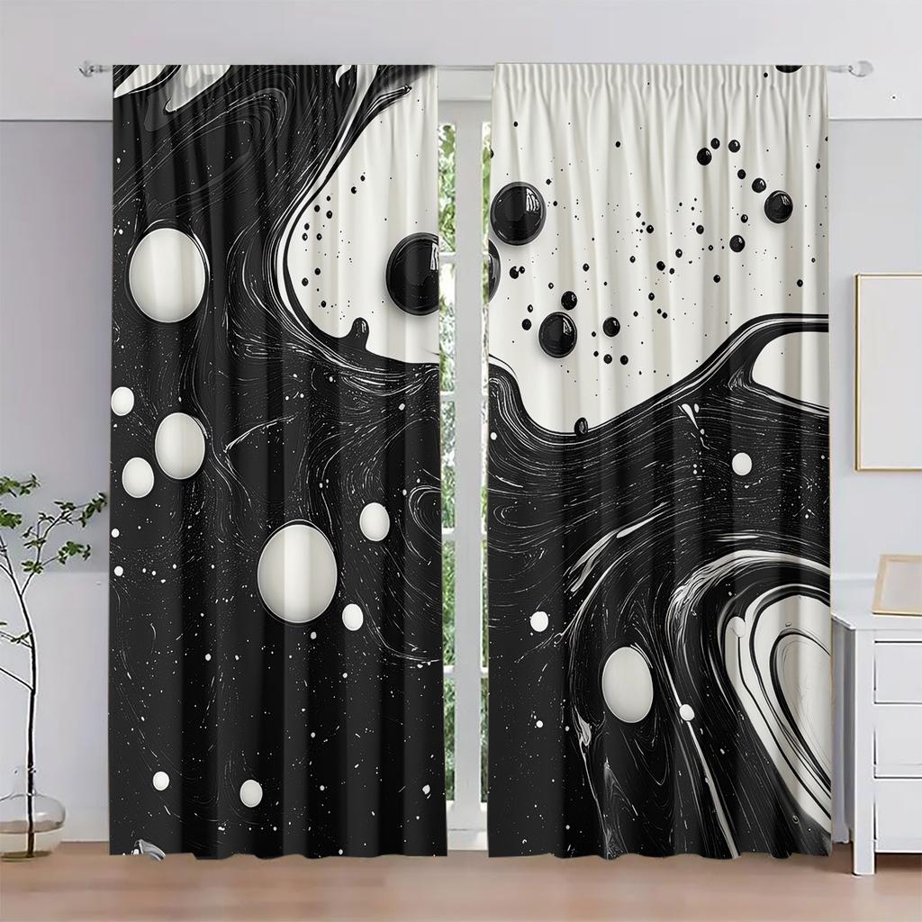 2Pcs Art Deco Black And White Ink Pattern Printed Curtains, Light-Filtering Rod Pocket Peach Skin Velvet Drapes, Machine Washabl